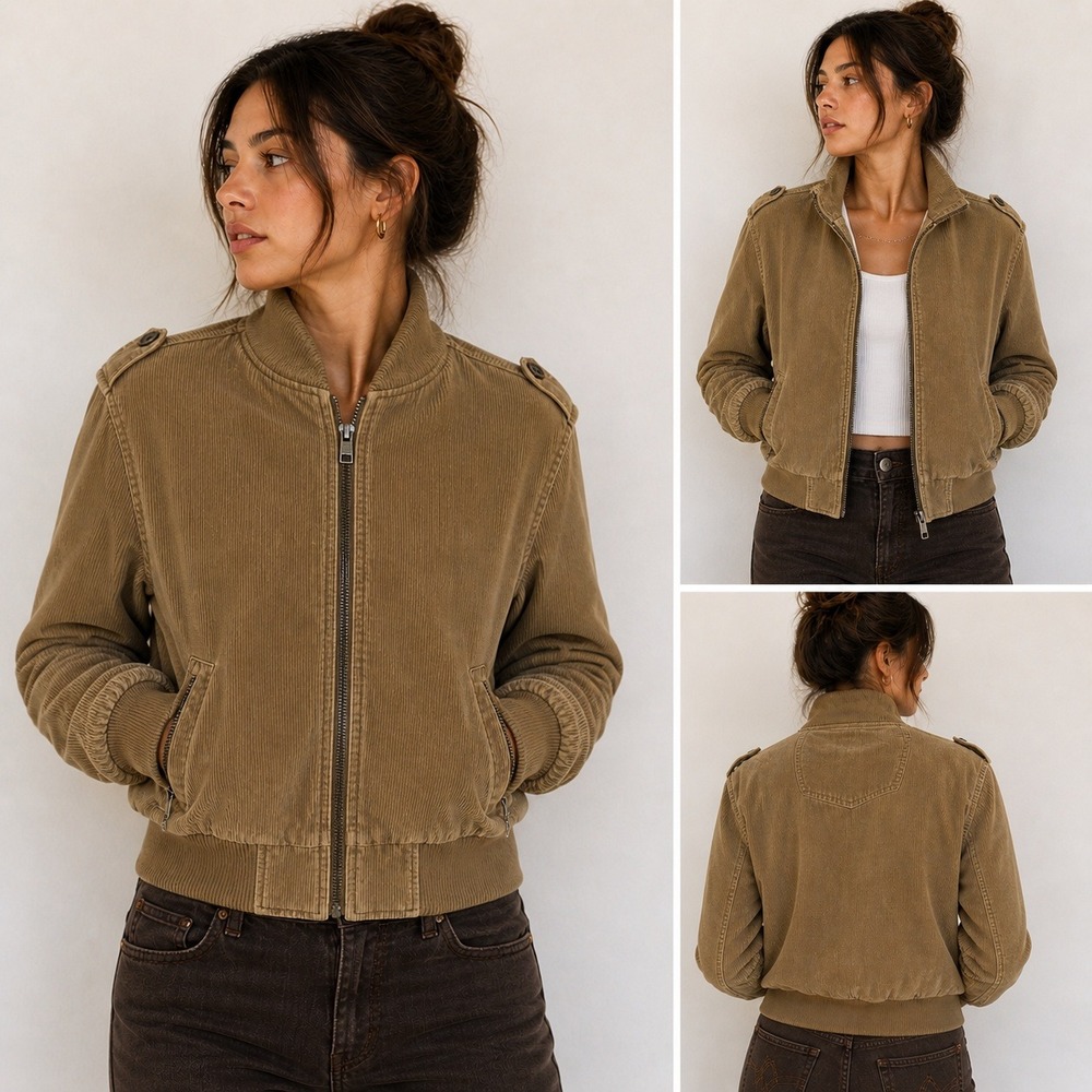 Billabong Y2K Corduroy Bomber Jacket Womens L Brown Zip Epaulettes Korea